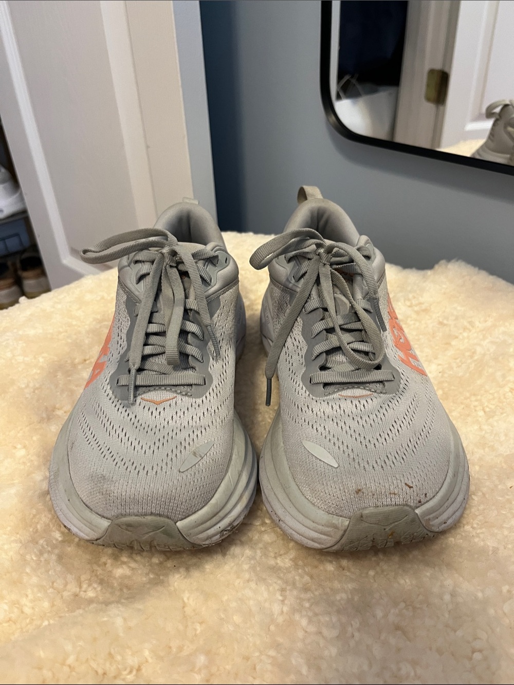 Hoka Bondi 8 running shoe gray and coral